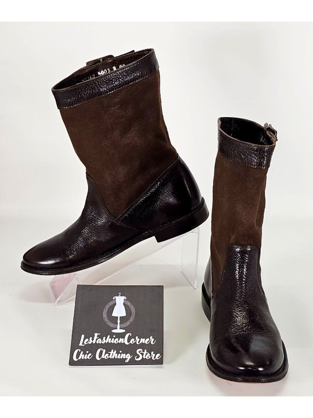 NWOB FRYE Women's Brown Leather/Canvas Shaft Buckle Ankle Boots Size 5.5 1888